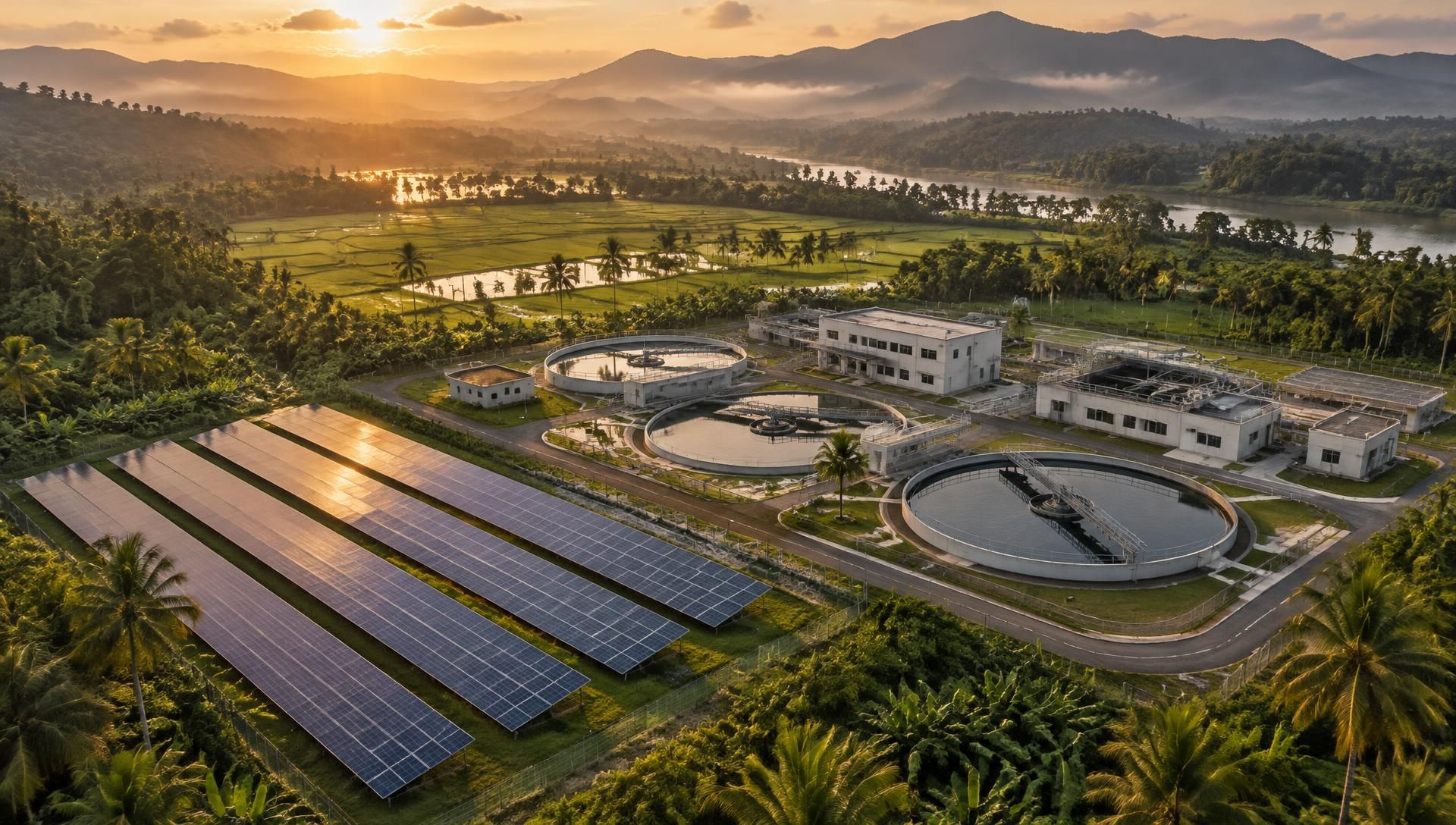 Solar array beside a water treatment facility in a green tropical valley